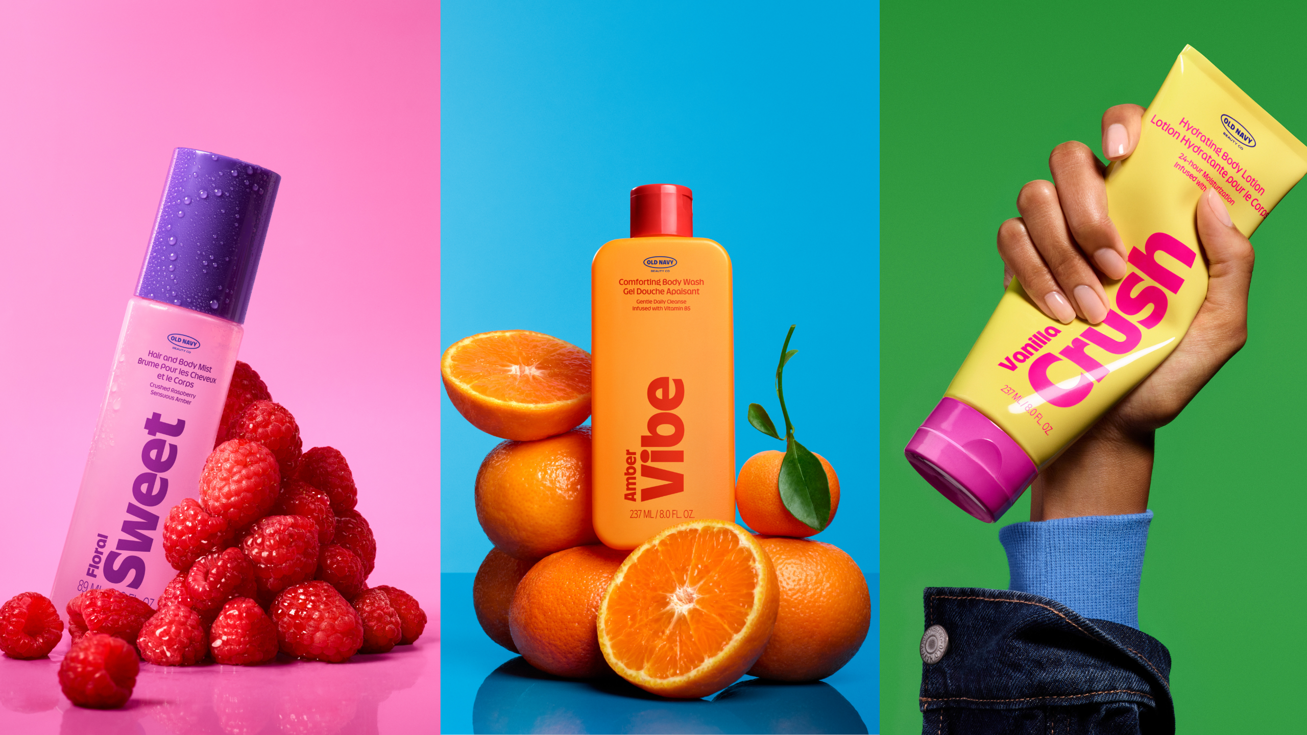 Three Old Navy Beauty Products: one spray, one body wash and one lotion, with pink, blue, and green, backgrounds respectively. 