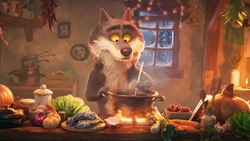 an image from an animated Intermarch&eacute; Christmas advert showing a wolf doing cooking in a kitchen with warm cosy lighting