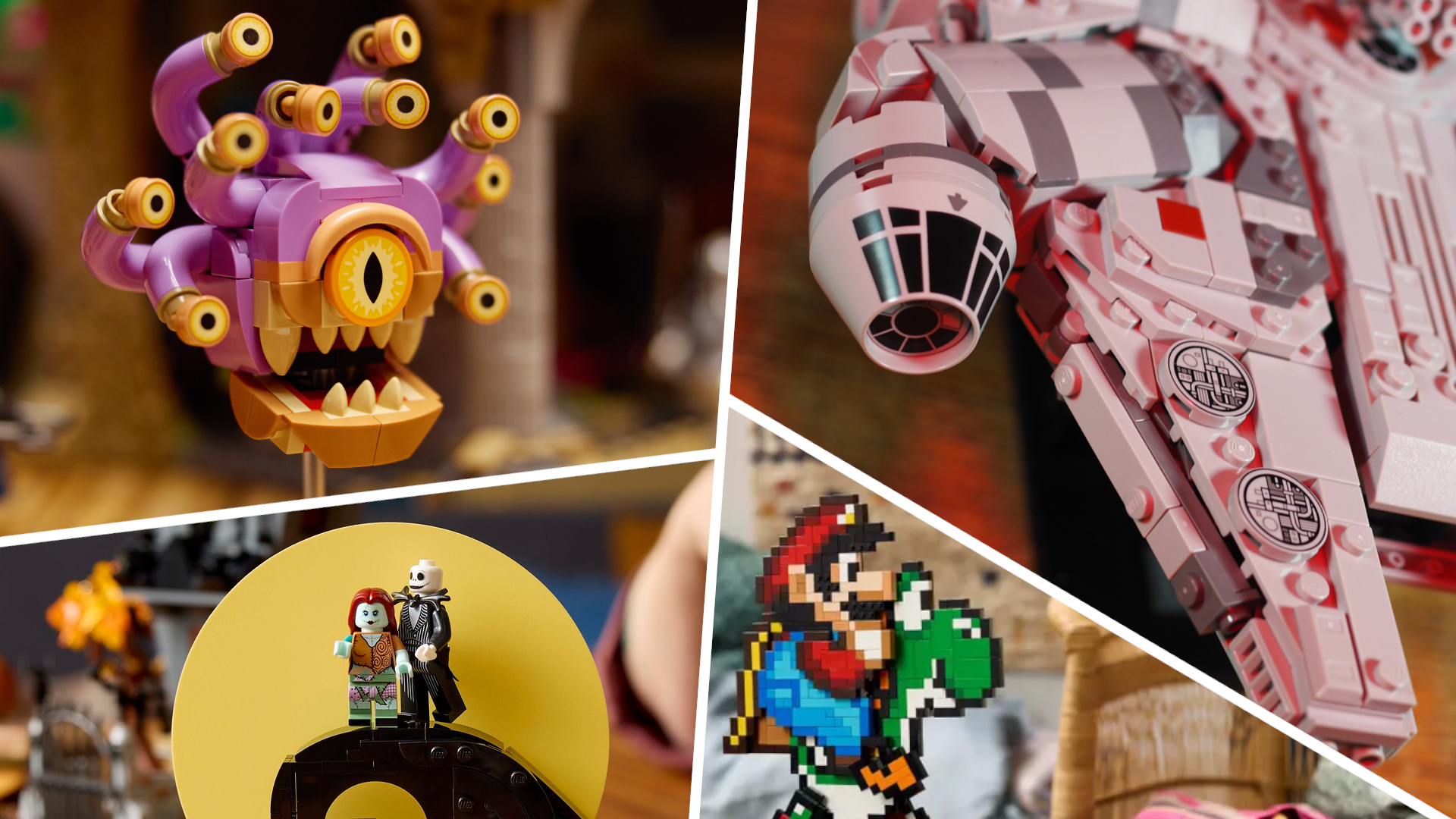 A Lego D&D Beholder, Millennium Falcon, Nightmare Before Christmas, and Super Mario set divided by a white line