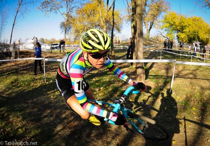 Emily Kachorek (#Getomoto) rounding a tight corner