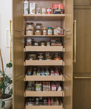 Pantry with deep shelves with rows of foodstuffs and doors open