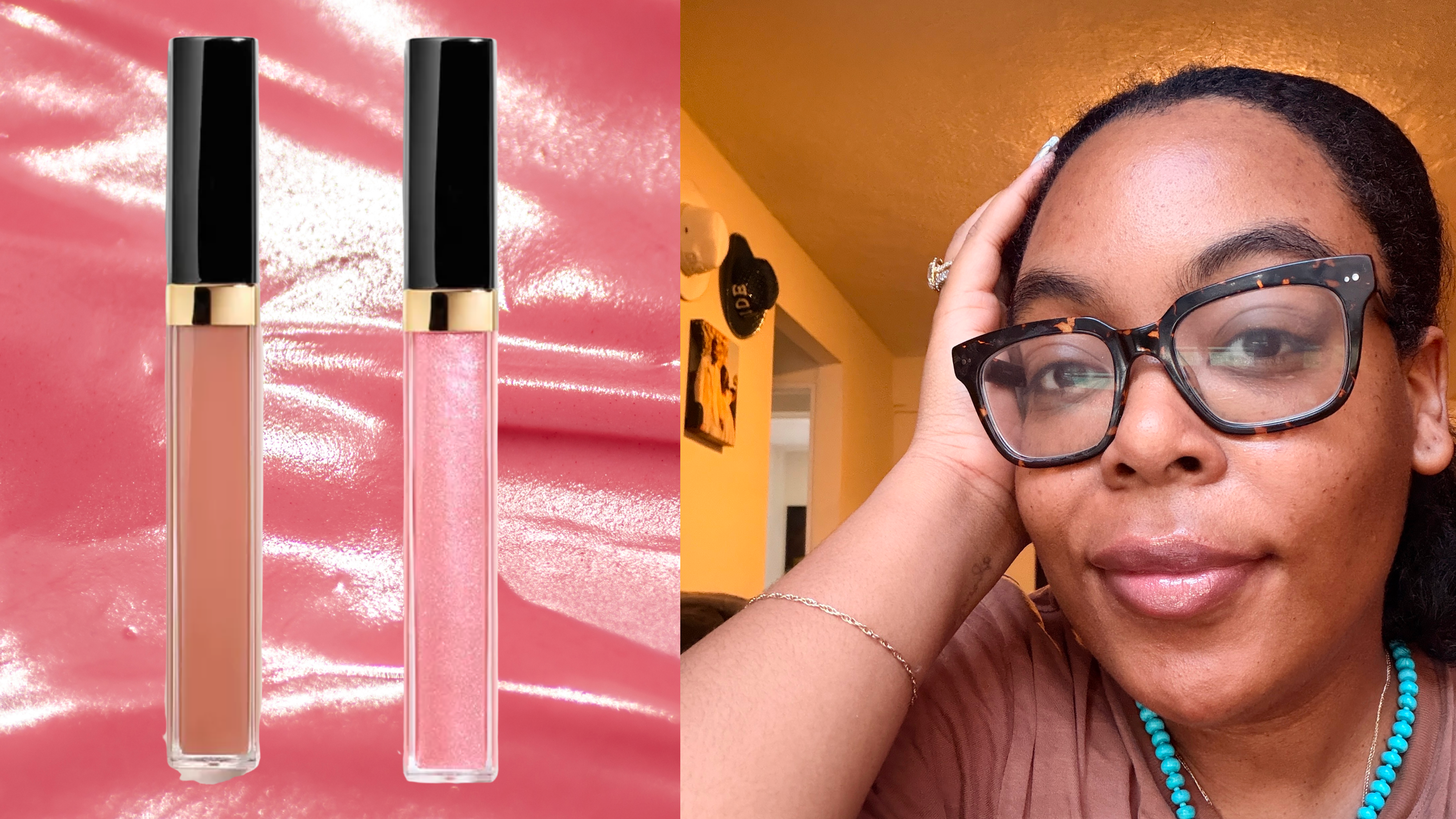 A woman with glasses and dark hair that is pulled back looking and smiling into the camera. She is next to two Chanel lip glosses on a pink, textured background.