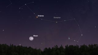 This sky map shows the penumbral lunar eclipse of June 5, 2020, over Sao Paolo, Brazil, at 6:30 p.m. local time. The moon will be in the constellation Ophiuchus, to the left of the Scorpius constellation. At this time, the Earth's penumbral shadow will be moving off of the moon's upper limb.