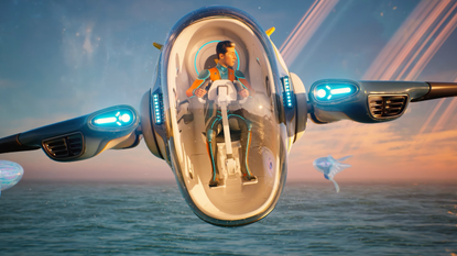 Subnautica 2 character flies over ocean in single-seat aircraft