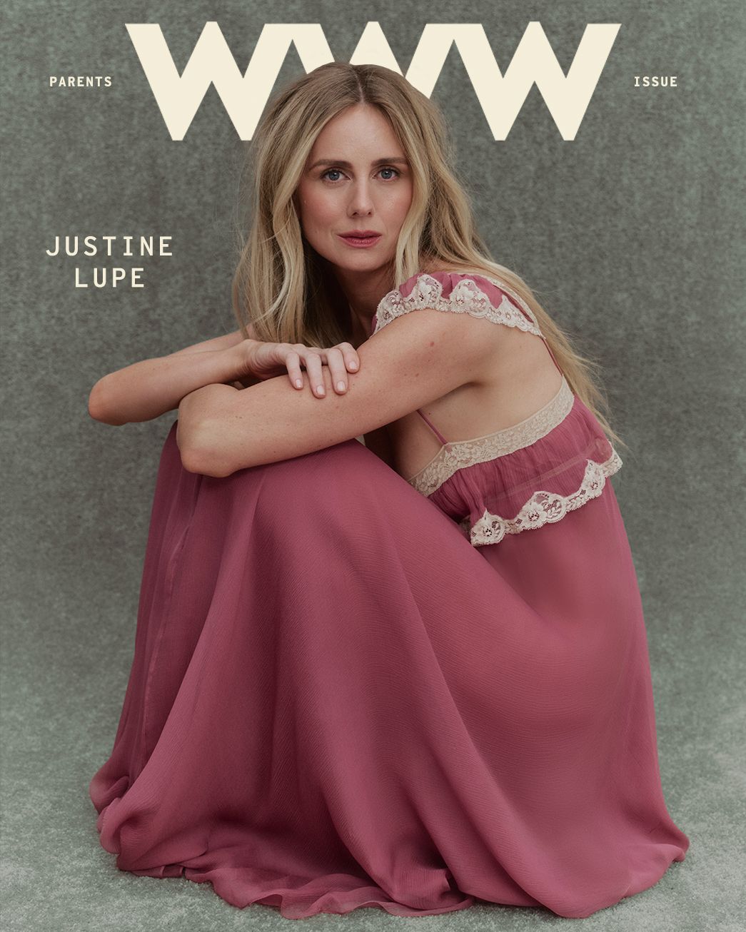 Justine Lupe wears a pink dress in a new photoshoot for Who What Wear's Parents Issue