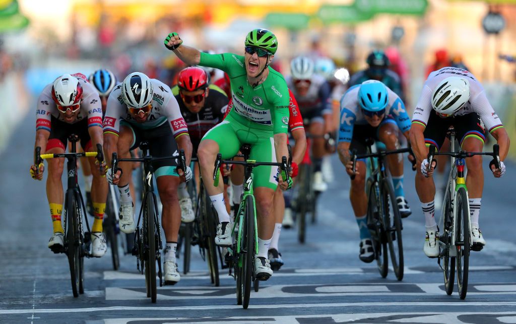 PARIS FRANCE SEPTEMBER 20 Arrival Alexander Kristoff of Norway and UAE Team Emirates Peter Sagan of Slovakia and Team Bora Hansgrohe Sam Bennett of Ireland and Team Deceuninck QuickStep Green Points Jersey Celebration Mads Pedersen of Denmark and Team Trek Segafredo during the 107th Tour de France 2020 Stage 21 a 122km stage from MantesLaJolie to Paris Champslyses TDF2020 LeTour on September 20 2020 in Paris France Photo by Thibault Camus PoolGetty Images
