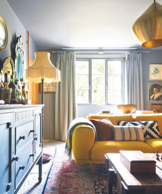 Yellow sofa, blue dresser