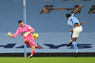 West Bromwich Albion goalkeeper Sam Johnstone saves a shot from Manchester City’s Raheem Sterling during the Premier League match at the Etihad Stadium, Manchester