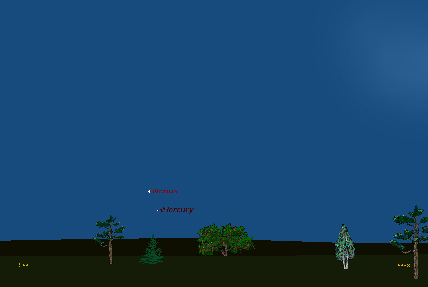 This sky map depicts the location of planets Venus and Mercury just after sunset in Oct. 24, 2011 as viewed from mid-northern latitudes. Venus will steadily rise higher in the sky as the northern autumn season progresses. 