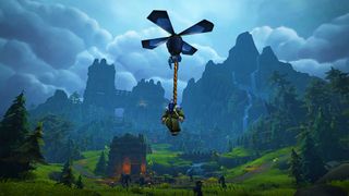 A World of Warcraft player travels through the starting area, Exile's Reach, using a propeller