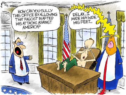 Political cartoon U.S. Trump Putin oval office fascism