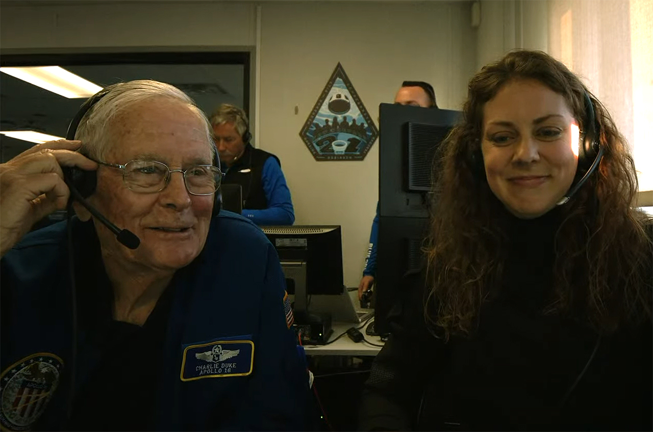 Apollo 16 moonwalker Charlie Duke sent a special message to the NS-21 crew from Blue Origin's Mission Control on Saturday, June 4, 2022.