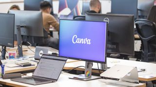 Canva logo and branding pictured on a computer screen at the company's headquarters in Sydney, Australia.