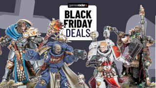 A Knight-Questor, Space Marine Captain, Sanguinary Priest, and Warlock Engineer against a gray background and 'Black Friday deals' badge