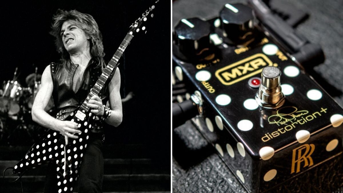 Randy Rhoads performs onstage (left), the MXR Randy Rhoads Distortion+