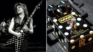 Randy Rhoads performs onstage (left), the MXR Randy Rhoads Distortion+