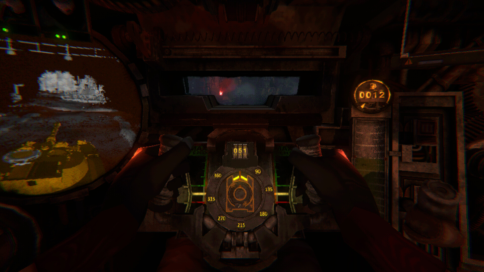 Carcass clad driver view with tiny viewport showing outside.