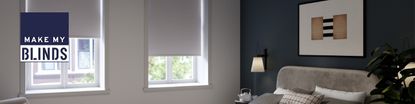 Make my blinds logo placed over a wide image of a room with blinds