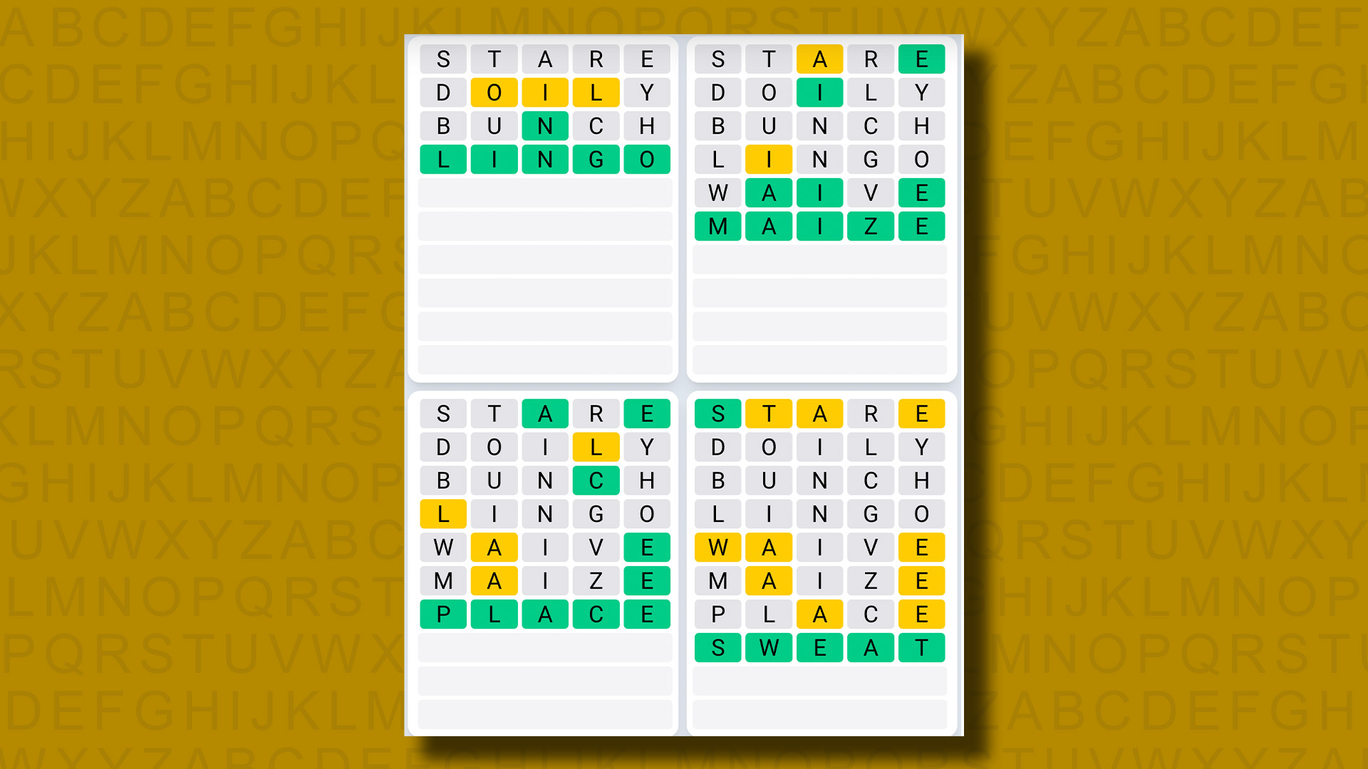 Quordle Daily Sequence answers for game 1008 on a yellow background