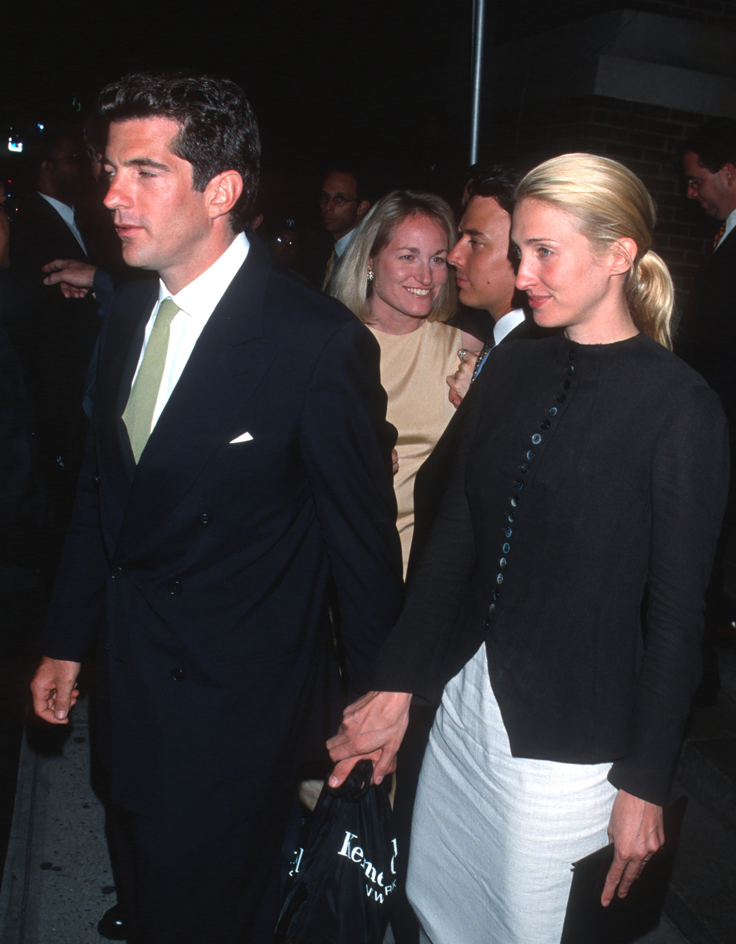 carolyn bessette kennedy collarless jacket and white skirt