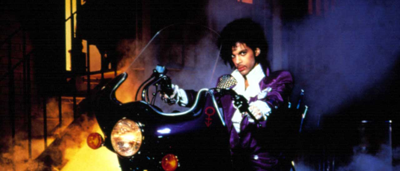 Prince on a motorbike, as pictured on the cover of Purple Rain
