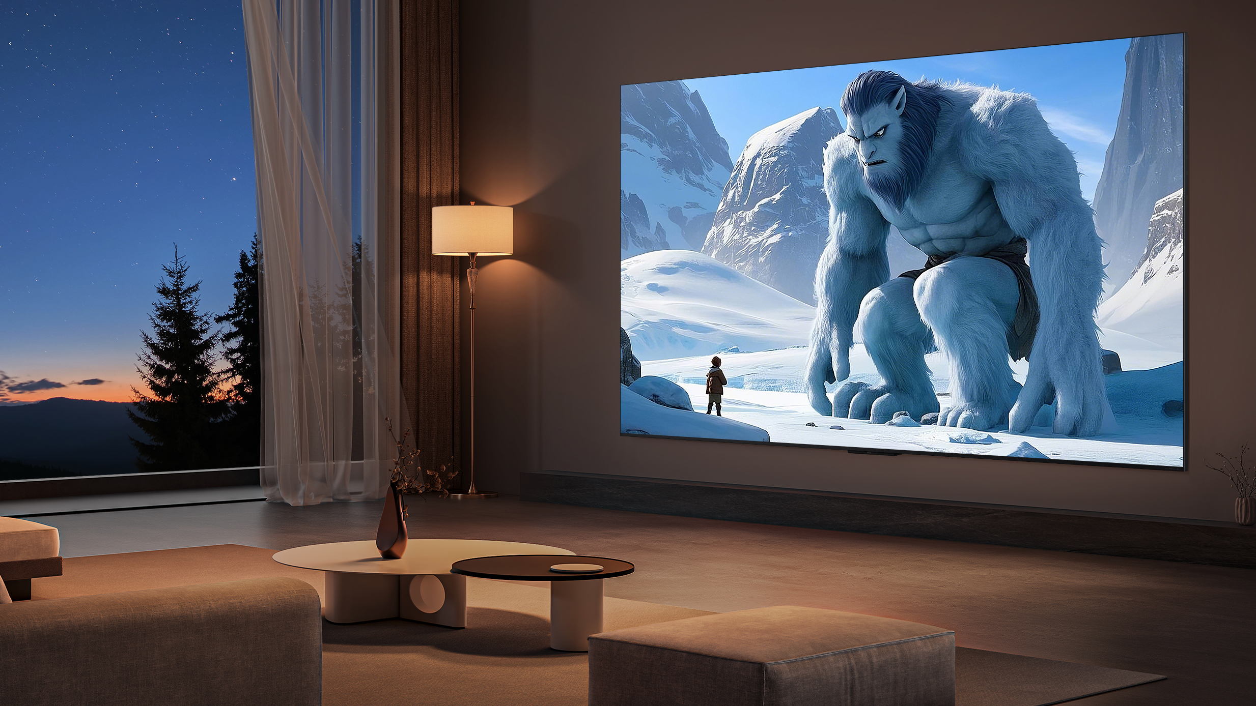 TCL C8L mounted on a wall in a large living room.