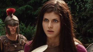 Alexandra Daddario looks straight down the blade of a sword in Percy Jackson.