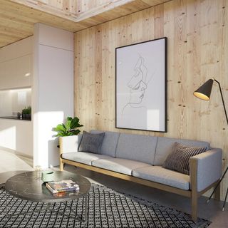 urban splash virutal house tour living room sofa timber walls and ceiling light and breezy space and ceramic flooring.