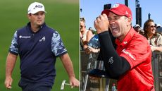 Patrick Reed walks on the green, whilst Sergio Garcia fist pumps