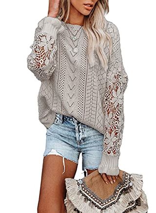 Dokotoo Sweater Women Ladies Cute Soft Thick Round Neck Solid Hollow Out Lace Crochet Autumn Cozy Long Sleeve Cable Knit Pullovers Sweaters for Women Large Gray