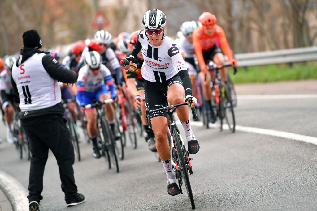 DE PANNE BELGIUM OCTOBER 20 Franziska Koch of Germany and Team Sunweb Soigneur Feed Zone Feeding during the 3rd Driedaagse Brugge De Panne 2020 Women Classic a 1563km race from Brugge to De Panne AG3daagse on October 20 2020 in De Panne Belgium Photo by Luc ClaessenGetty Images
