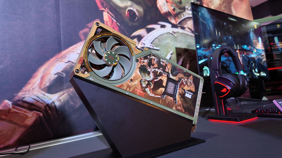 A Doom: The Dark Ages inspired RTX 5080 Astral shown off at Computex 2025.