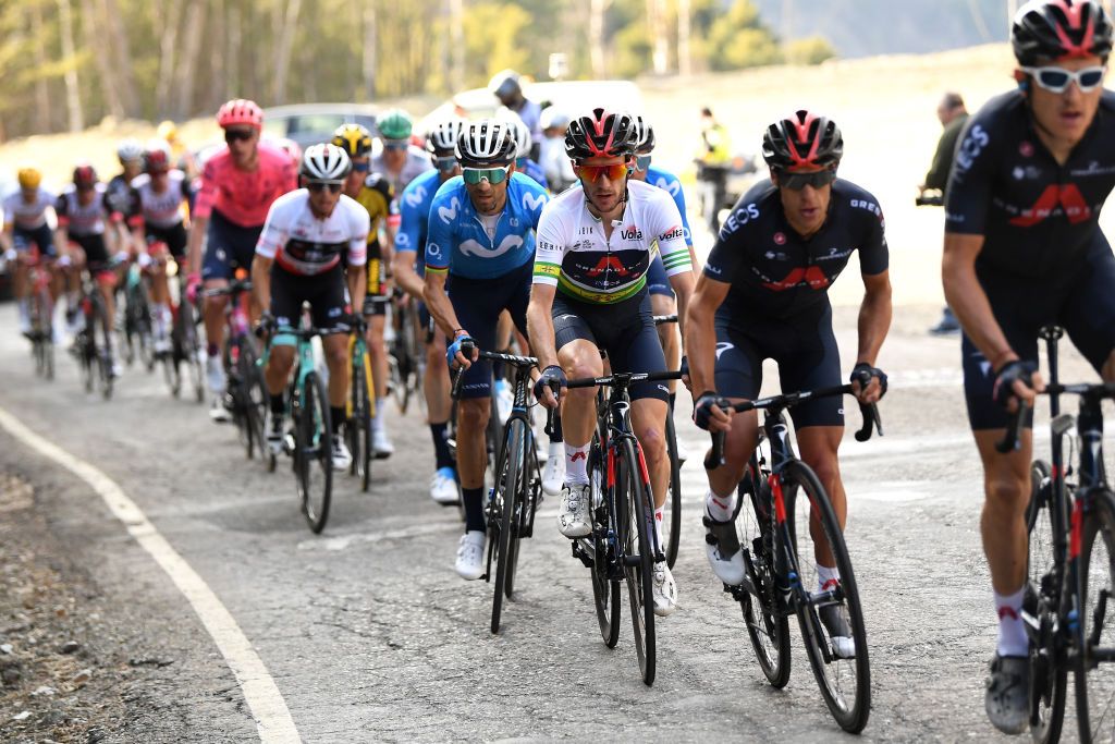 PORT AIN PALLARS SOBIR SPAIN MARCH 25 Alejandro Valverde Belmonte of Spain and Movistar Team Adam Yates of United Kingdom and Team INEOS Grenadiers Green Leader Jersey during the 100th Volta Ciclista a Catalunya 2021 Stage 4 a 1665km stage from Ripoll to Port Ain 1955m Pallars Sobir VoltaCatalunya100 on March 25 2021 in Port Ain Pallars Sobir Spain Photo by David RamosGetty Images