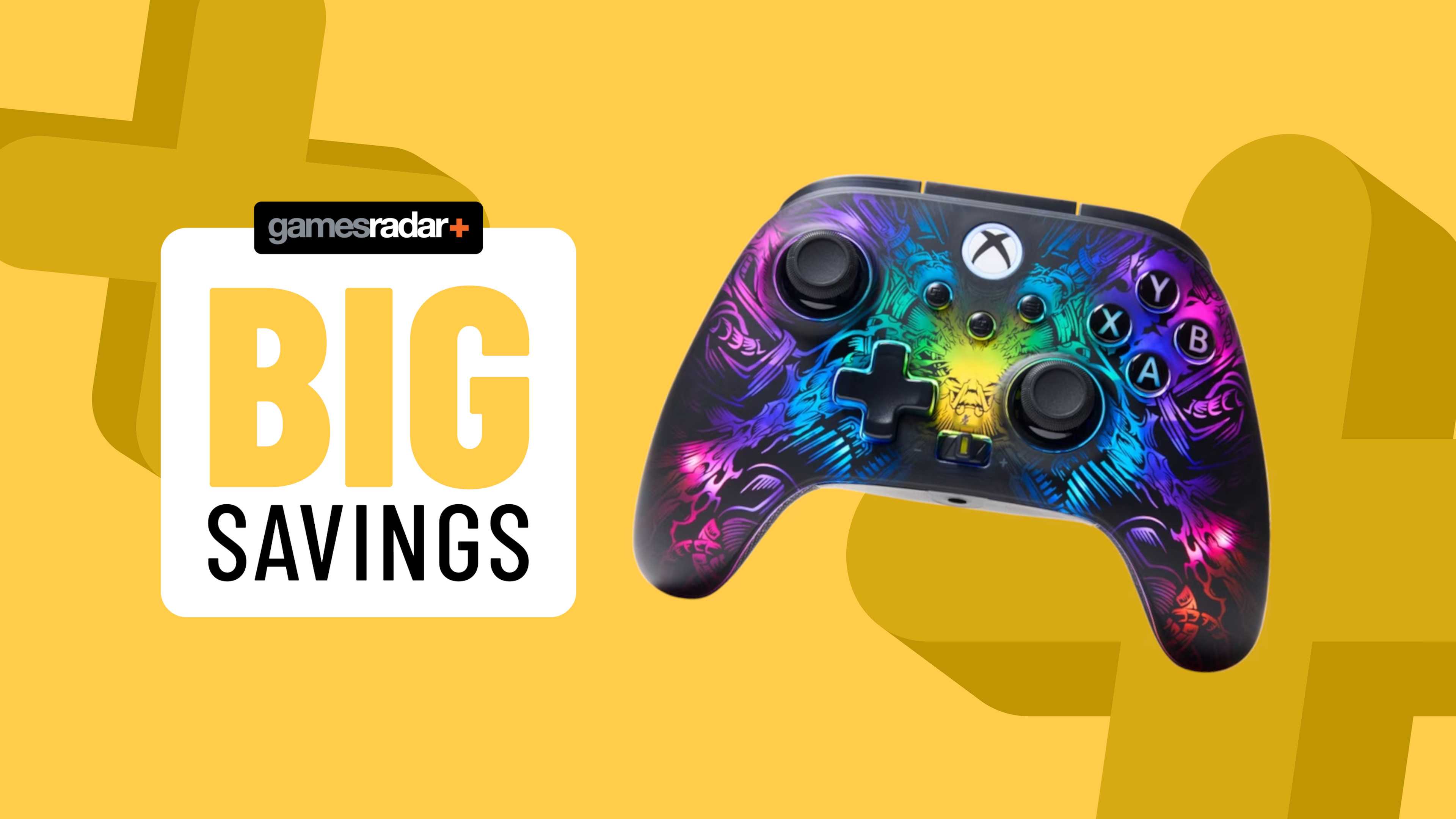 PowerA Fusion Pro Wireless controller on a yellow background with big savings badge
