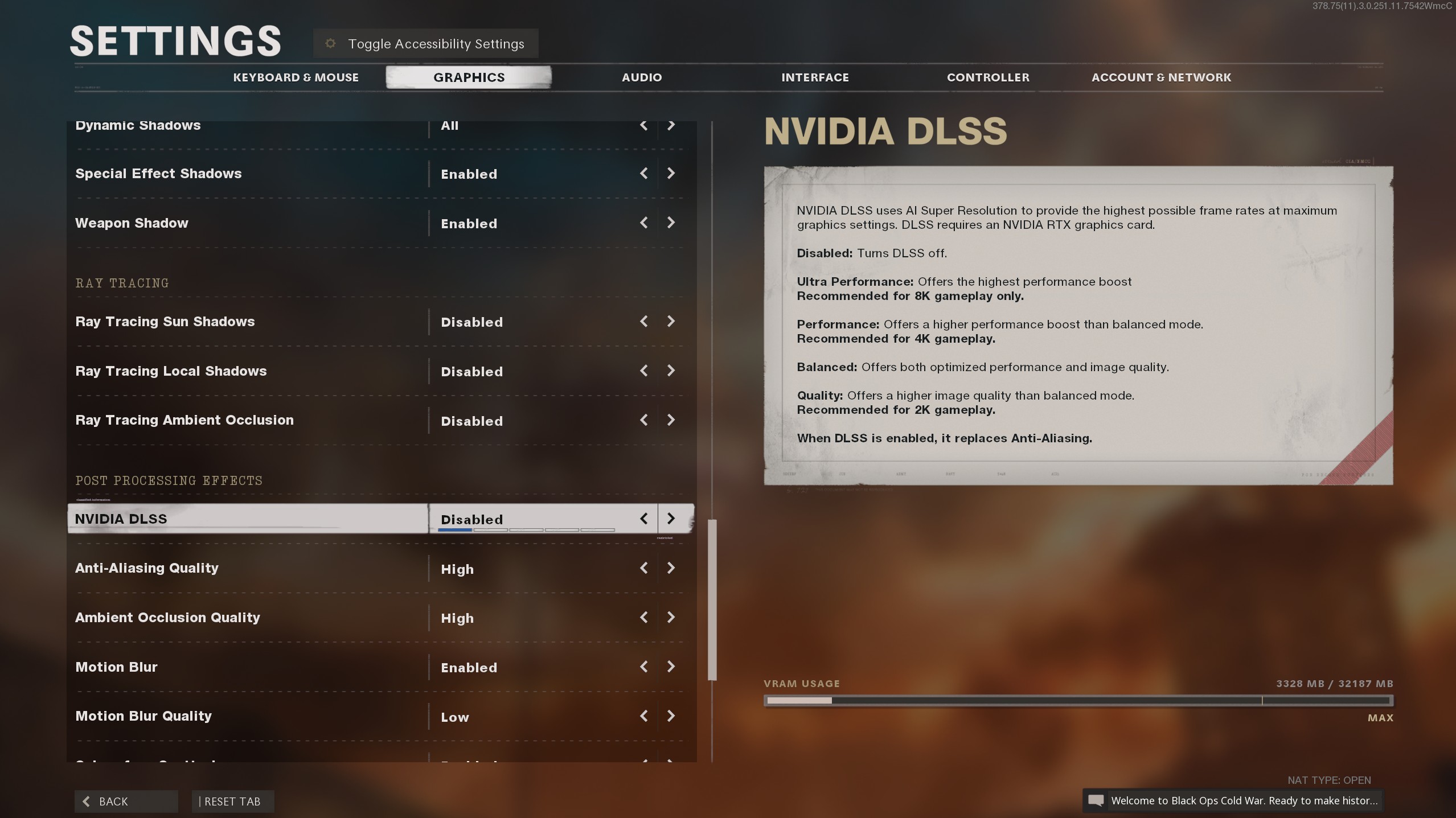A screenshot of the graphics settings menu in Call of Duty: Black Ops Cold War showing DLSS disabled.