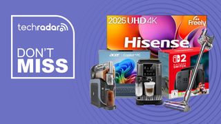 Collage of tech from the Currys New Year sale, including a Hisense TV, Nintendo Switch 2, Acer laptop, Dyson vacuum and Delonghi coffee maker on a purple background