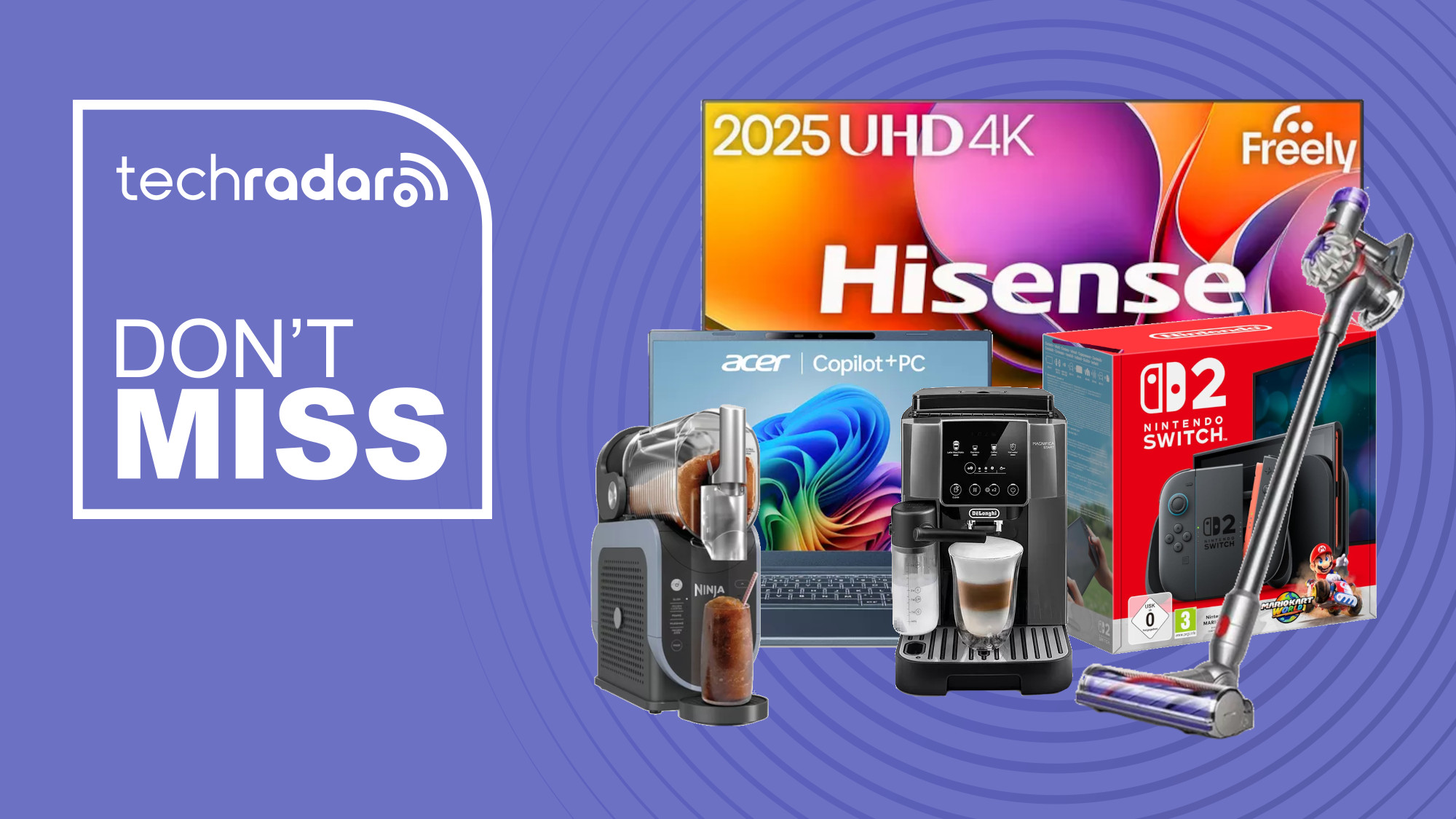 Collage of tech from the Currys New Year sale, including a Hisense TV, Nintendo Switch 2, Acer laptop, Dyson vacuum and Delonghi coffee maker on a purple background