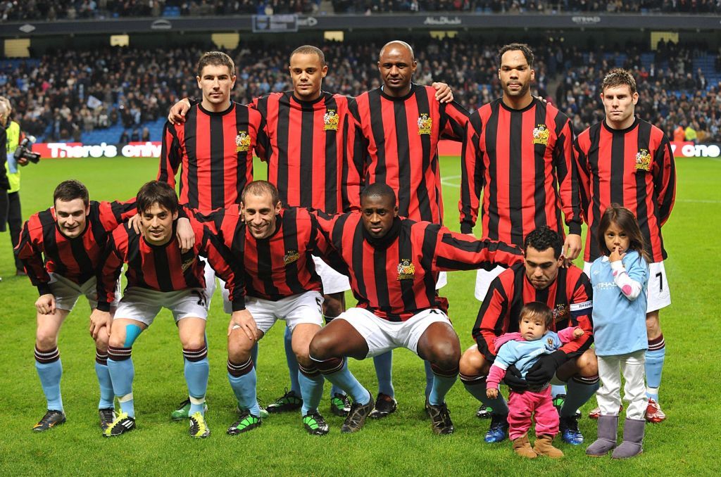 FA Cup, Third Round Replay, Manchester City v Leicester City, City of Manchester Stadium, The Manchester City team pose in the kit they wore against Leicester City in the 1969 FA Cup final as a tribute to former player Neil Young who has been diagnosed with cancer.
