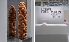 Loewe craft prize 2024 winner Andres Anza sculpture on left, Craft prize installation at Palais de Tokyo on right