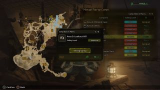 The Monster Hunter Wilds menu for setting up a camp, indicating the player's chosen area is Insecure and will cost 50 points.