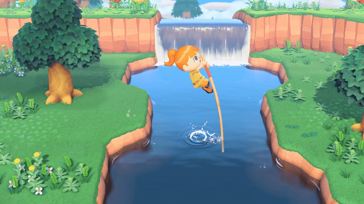 A screenshot from New Horizons showing a character hopping over a river.