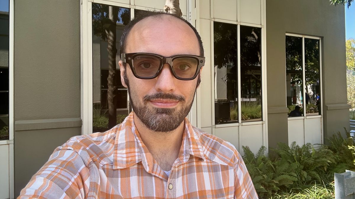 A selfie of the author wearing the Meta Ray-Ban Display glasses with transition lenses.