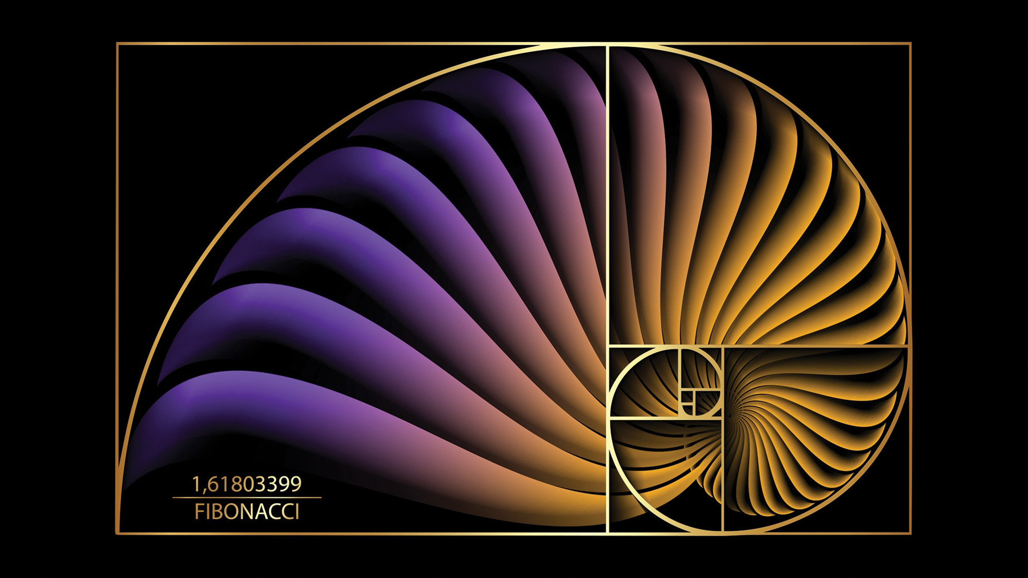Gold Fibonacci spiral graphic on black background