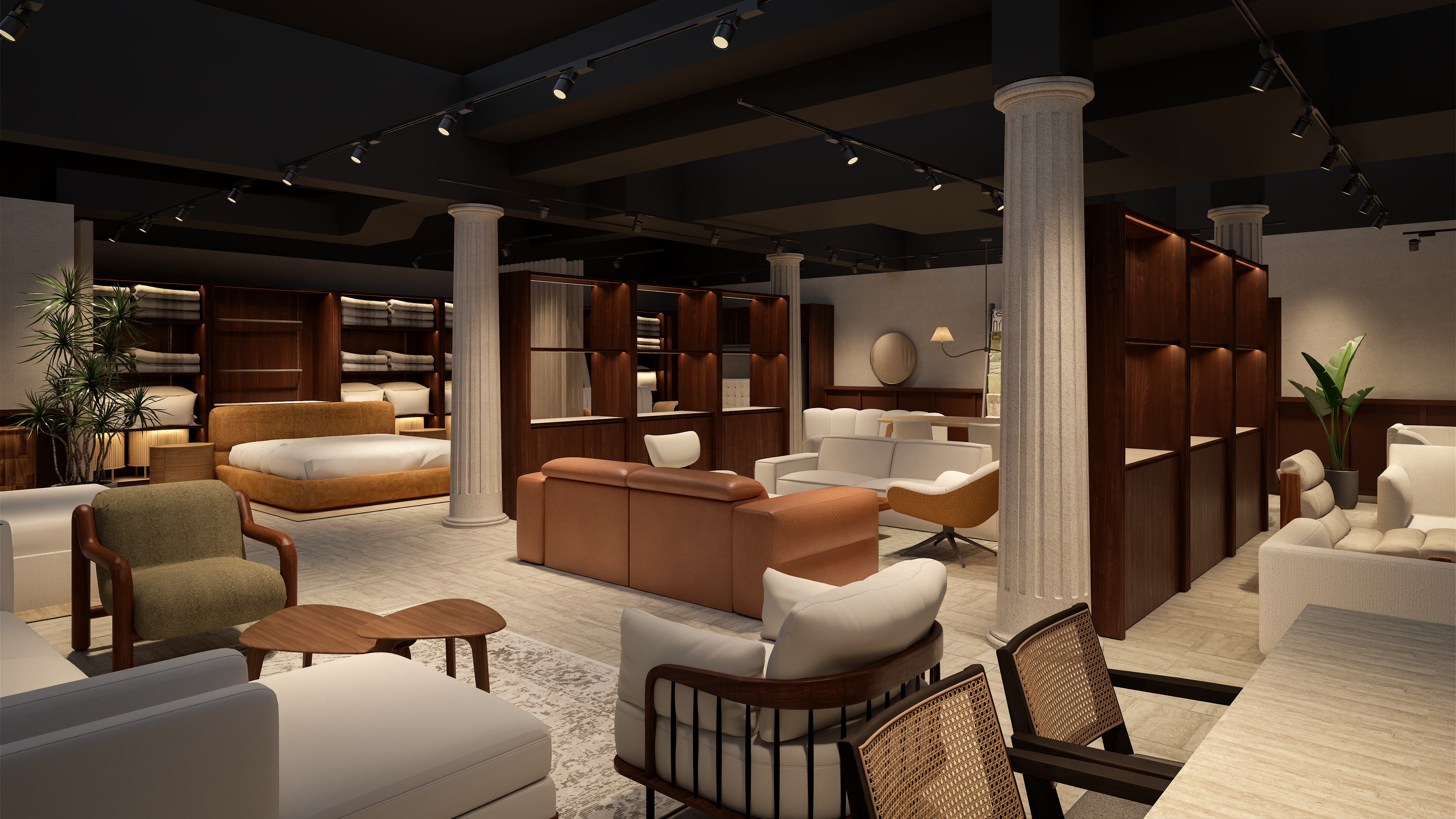 A rendering of an upcoming Castlery showroom with sample furniture.