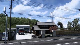 Euro Truck Simulator 2 Project Japan mod screenshot showing a suburban street with a house, garage, and truck parked outside