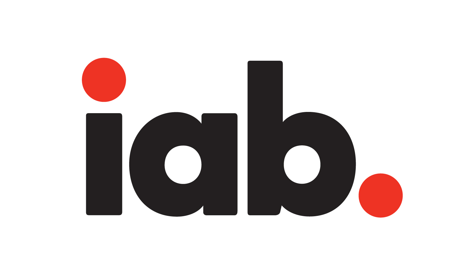 IAB logo with letters in black, the dot over the i in red and the dot at the end of iab. in red as well. 