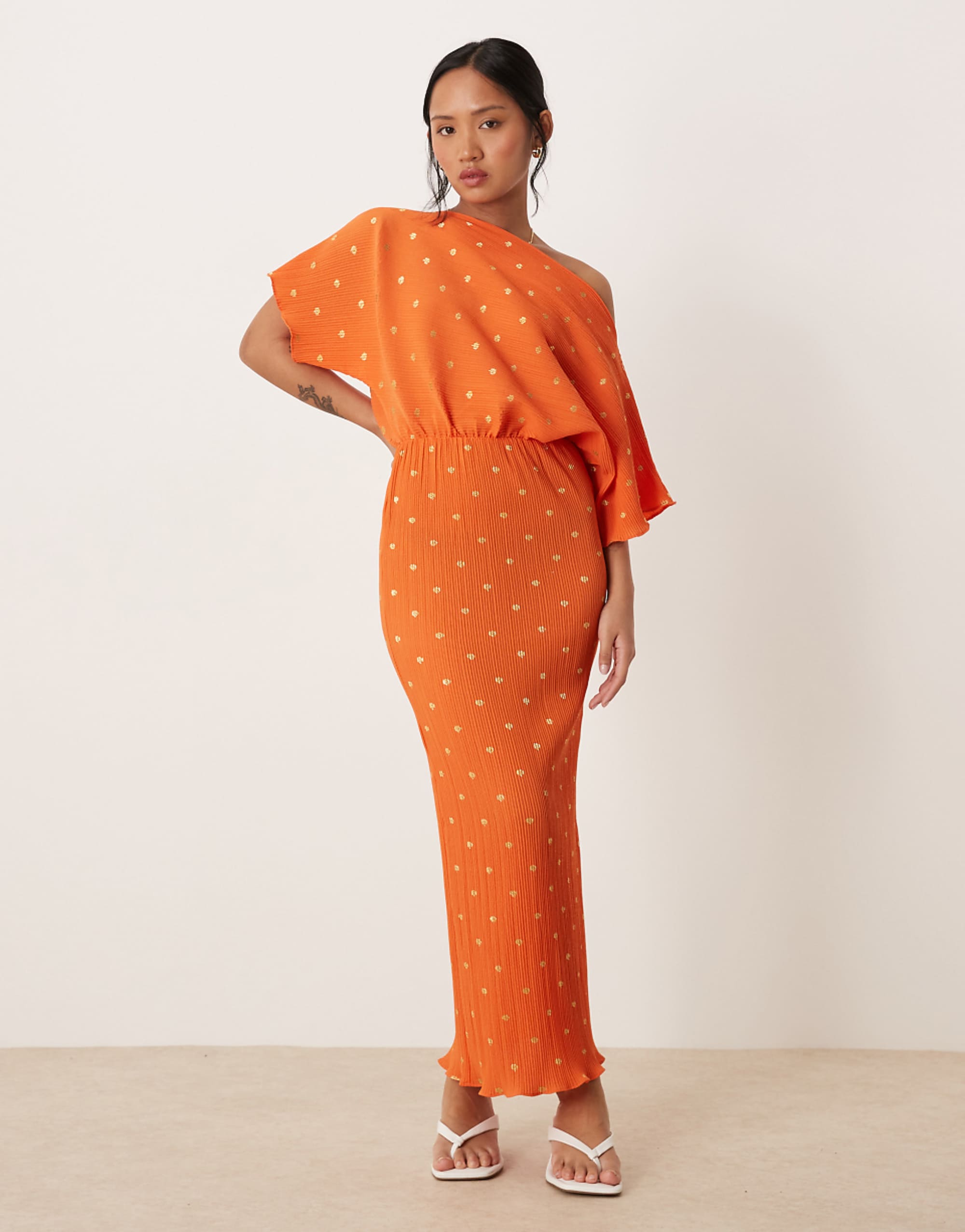 Never Fully Dressed Petite Tilly Metallic Plisse Maxi Dress in Orange