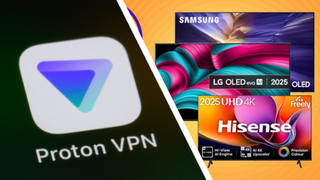 A Proton VPN app logo on the left, a promo image of three Smart TV on the right