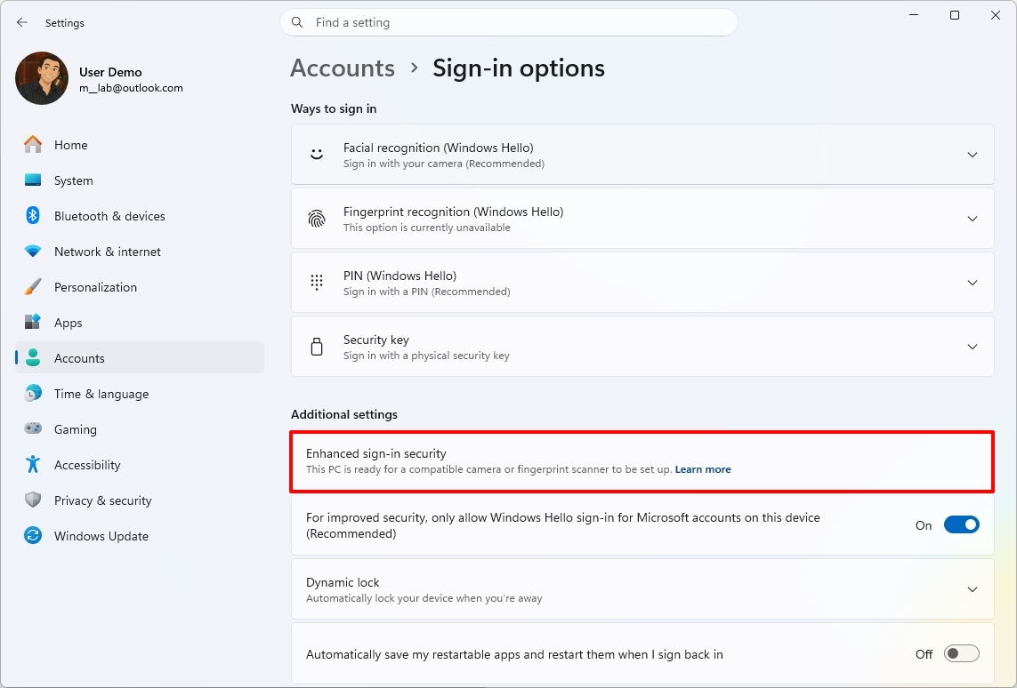 Windows 11 Settings app highlighting the Enhanced Sign-in Security setting.