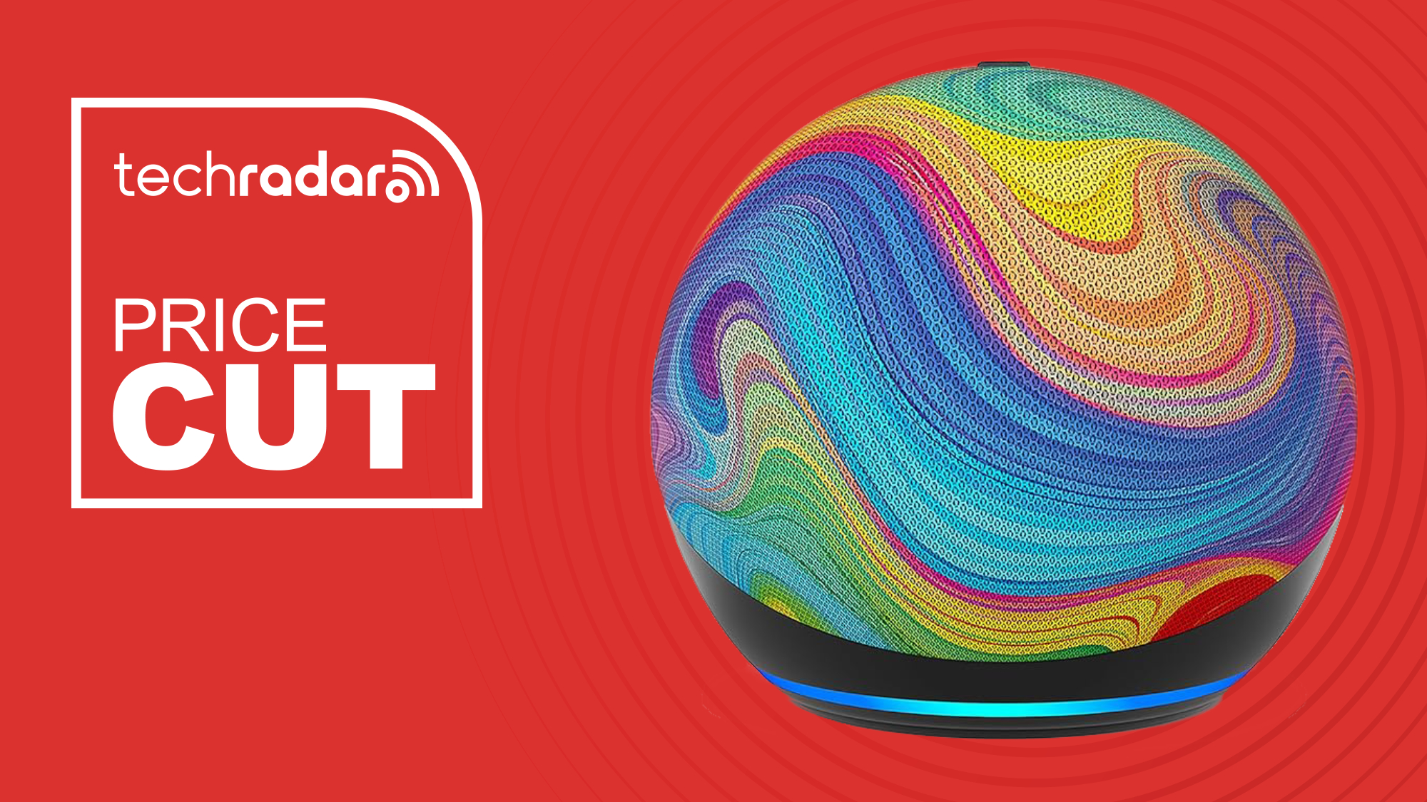 The Amazon Echo Dot Kids in Rainbow Swirl is pictured next to text, which reads "Price Cut".